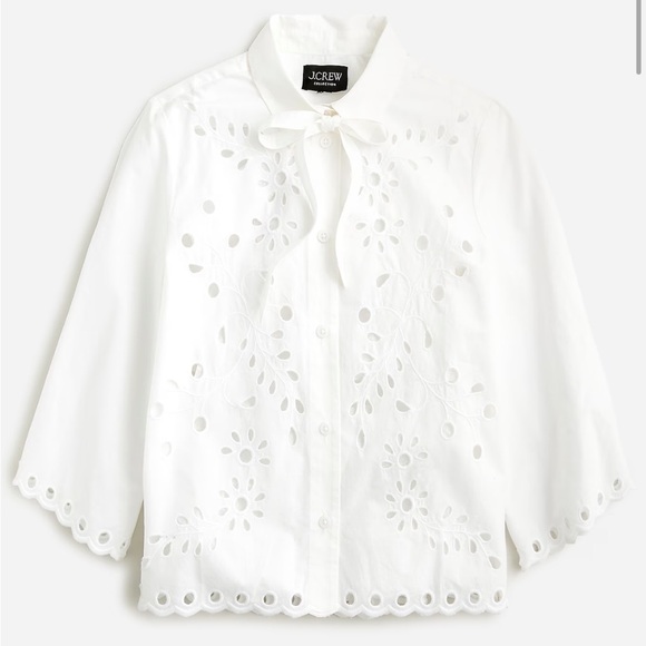 J. Crew Tops - J Crew Collection button-up bow top in cotton poplin eyelet in white Size S NWT